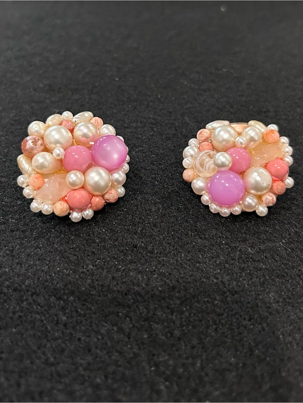 Vintage Pearl & Pink Bead Cluster Stud Earrings - Women Jewelry